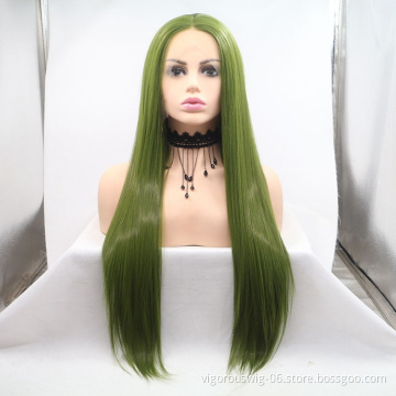 Vigorous mono long green premium high quality straight wholesale black women synthetic hair wigs with lace front